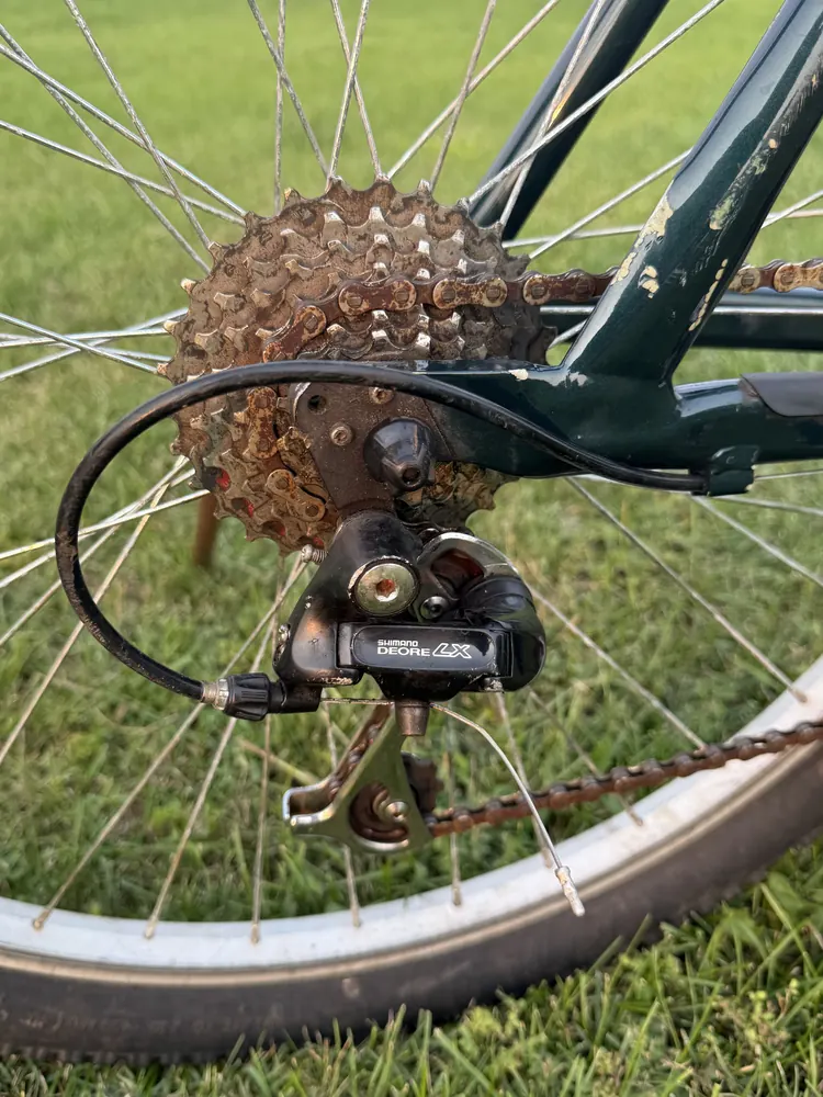 Rusted seven-speed cassette and chain on the Deore LX rear derailleur, as found.
