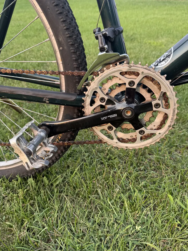 Deore LX triple crankset with rusted chain, as found.