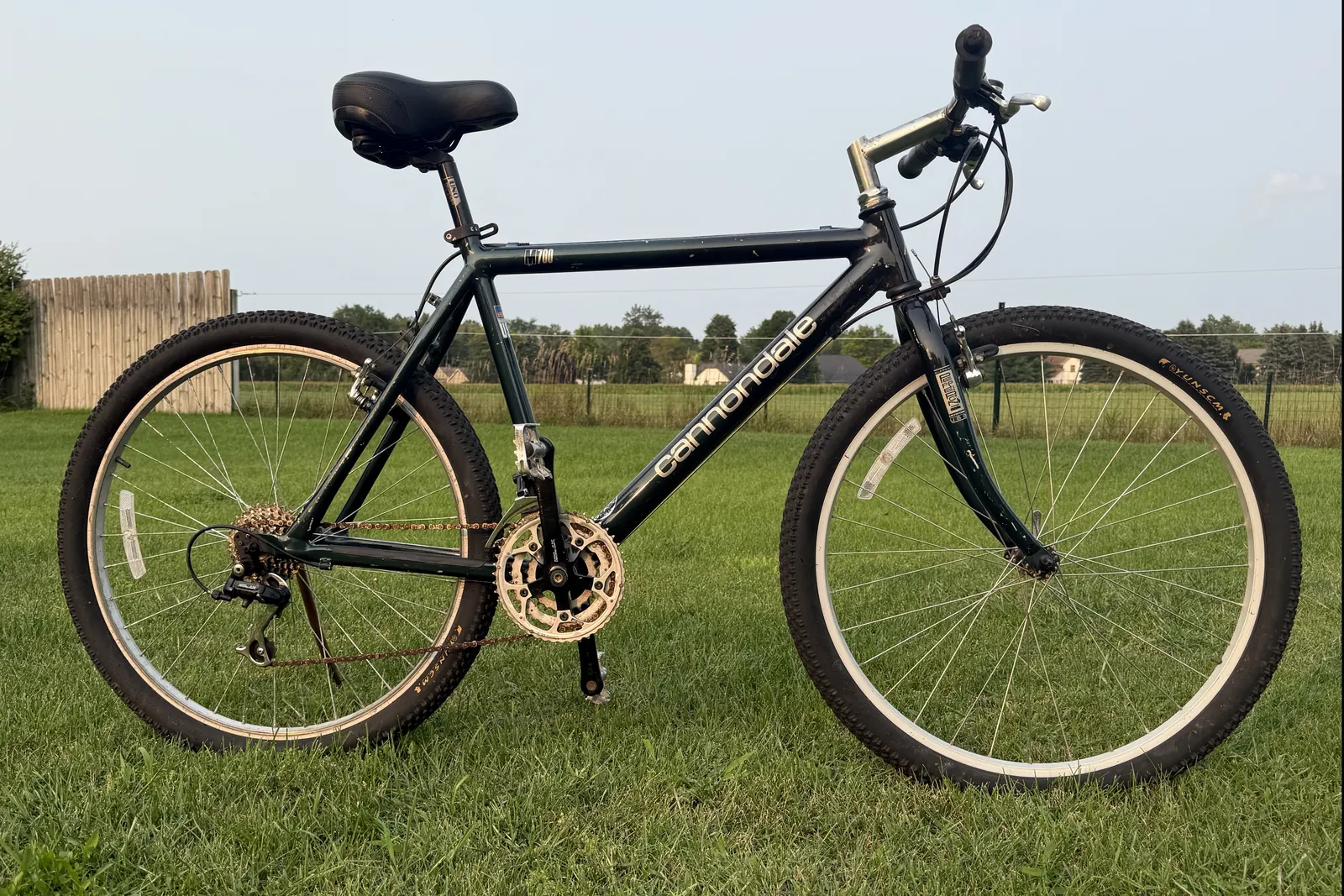 The M700 as found: comfort saddle, triple chainrings, rusted chain, black tires.