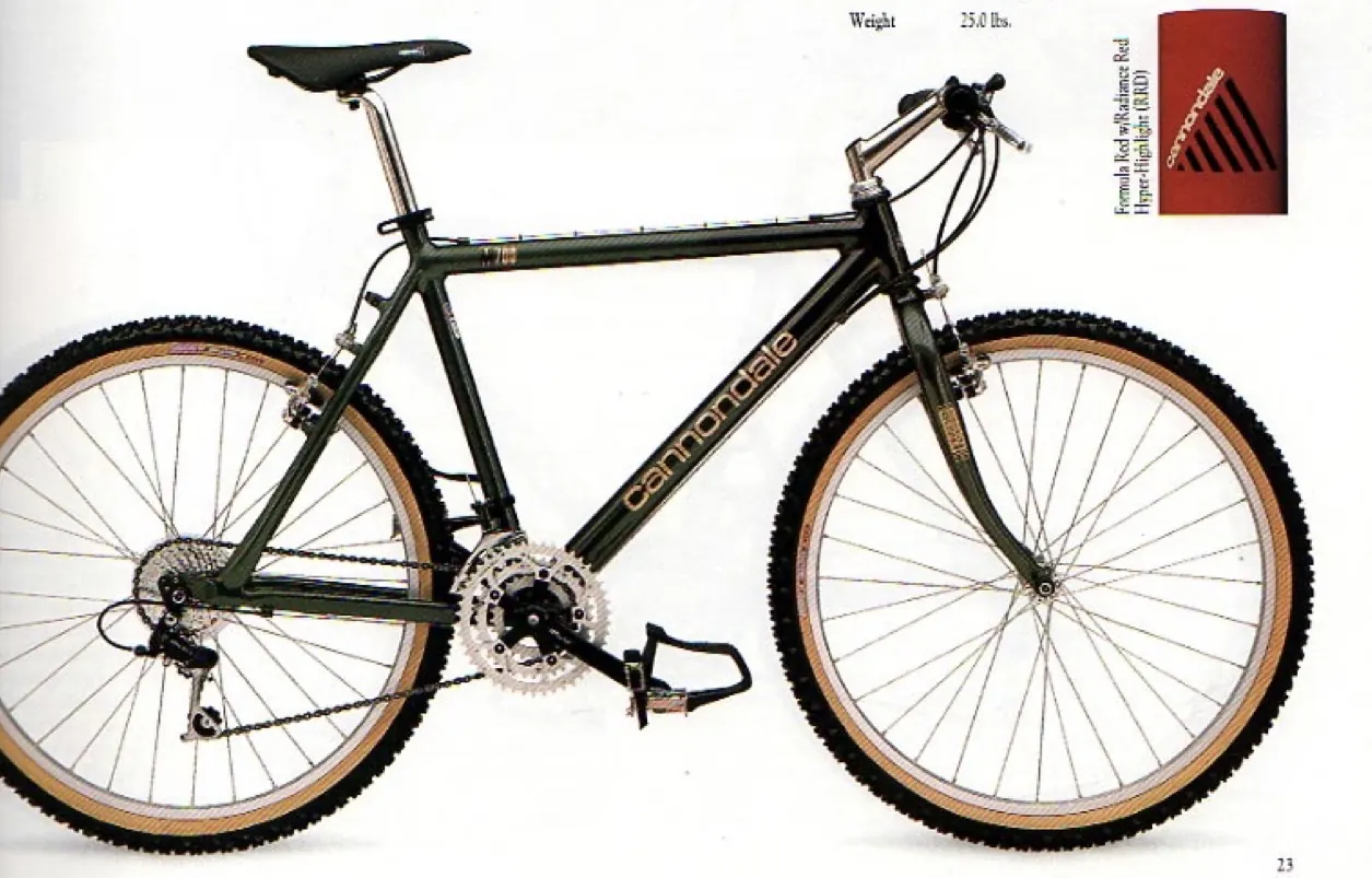 The 1993 Cannondale catalog photo of the M700 in green with tan-wall tires.