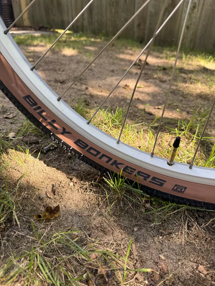 Schwalbe Billy Bonkers tan-wall tire sidewall on a silver rim.