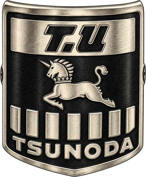 Drawing of the Tsunoda head badge: T.U, a crowned leaping unicorn, vertical bars and the word TSUNODA